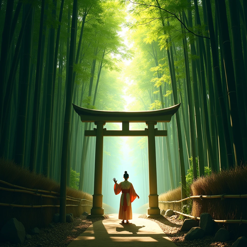 detailed bamboo forest, torii gate, person waving, highly detailed, intricate details, cinematic lighting, dramatic lighting, volumetric lighting, photorealistic, hyper-realistic, masterpiece, digital painting, vibrant colors, warm color palette, natural scenery, serene atmosphere, peaceful ambiance