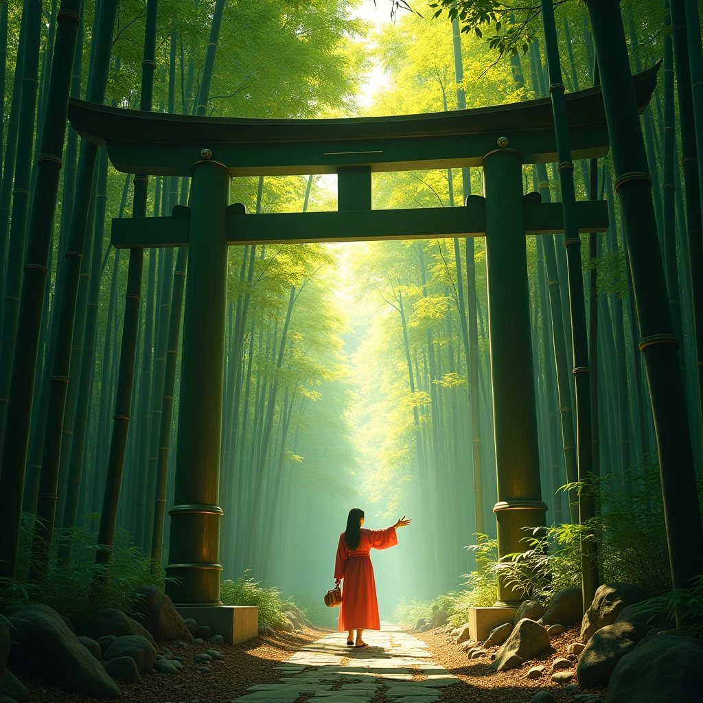 detailed bamboo forest, torii gate, person waving, highly detailed, intricate details, cinematic lighting, dramatic lighting, volumetric lighting, photorealistic, hyper-realistic, masterpiece, digital painting, vibrant colors, warm color palette, natural scenery, serene atmosphere, peaceful ambiance