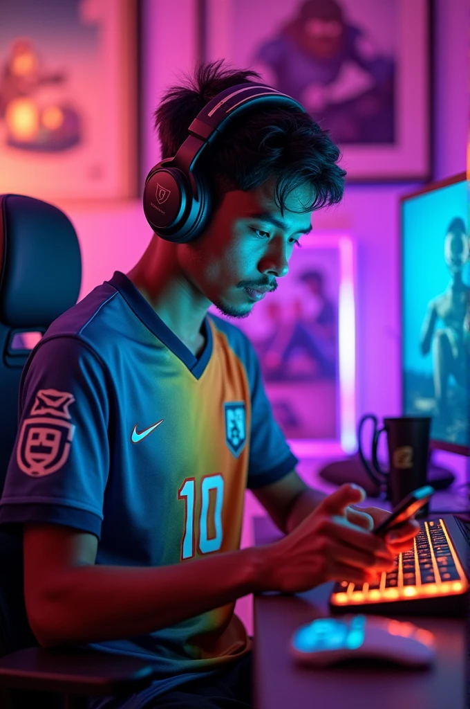 create 3D animation character 25 Year oid bay is playing puba Mobile Game Mobile in gaming room. wearing a Jersey number 10 Name "Hadisur" written on his jersey
