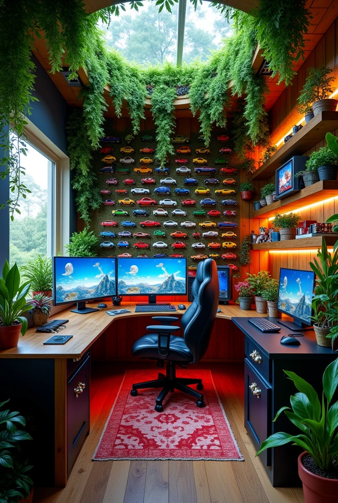 Create a gamer room that has the following: a nature environment, meaning it should have nature decorations and a wall of hot wheels cars and anime figures, but keep the gamer room aesthetic. 