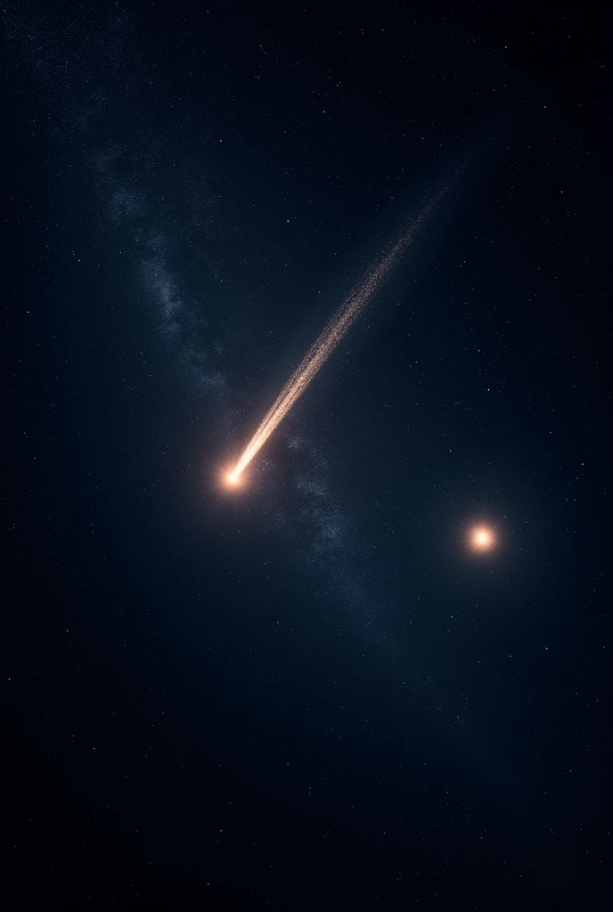 A night sky with stars twinkling, with three phenomena visible. A bright streak of light crosses the sky, symbolizing a meteor entering the atmosphere (estrela cadente). To the side, a distant star looks like it’s collapsing in on itself, representing a collapsing star. In another corner, a glowing comet with a tail is moving through space, approaching a distant sun.