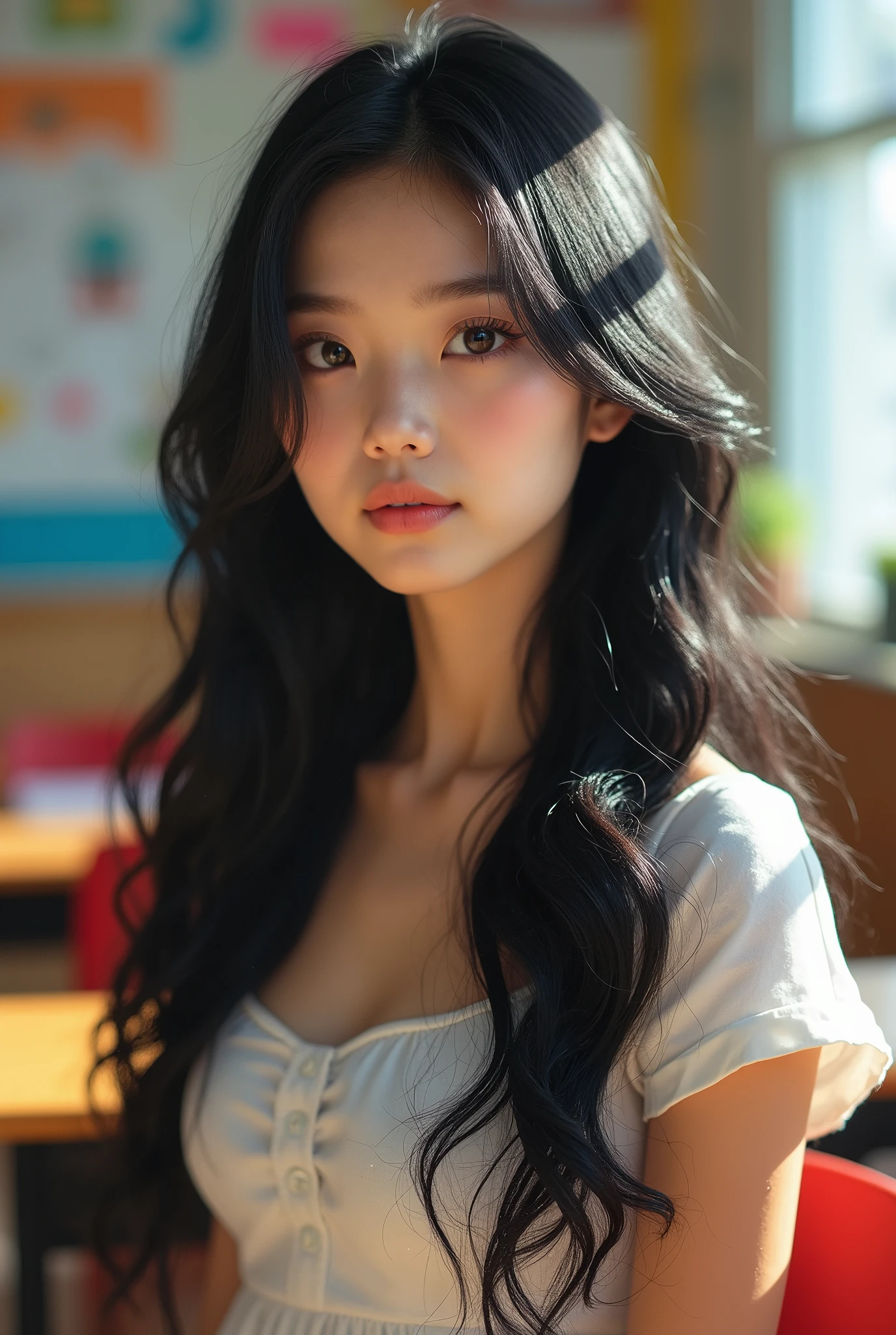 (masterpiece,Highest quality:1.4),(8k,RAW Photos,Photorealistic:1.4),Ultra-high resolution, ,(Glowing Skin:1.4),Detailed skin,Detailed face,Detailed eyes,(Beautiful and shining eyes:1.2),Symmetrical eyes,Detailed ears,One person,Natural Makeup,high school girls,(((Japanese Idols))),(Japanese Face),Detailed Background,Vivid background,Beautiful and shiny hair,,((Average teenage breasts)),,(Detailed Summer school uniforms for senior high school girls Japan),,((Sharp Face)),Natural light,,(Very detailed ,Trend design for 2024,online shopping,LUMINE® Market,),Trendy hairstyles,black_hair,long_hair,Upper Body,,(Detailed classroom of a girls' high school,,Location was great.),,Real-life schoolgirl、、Random Posing