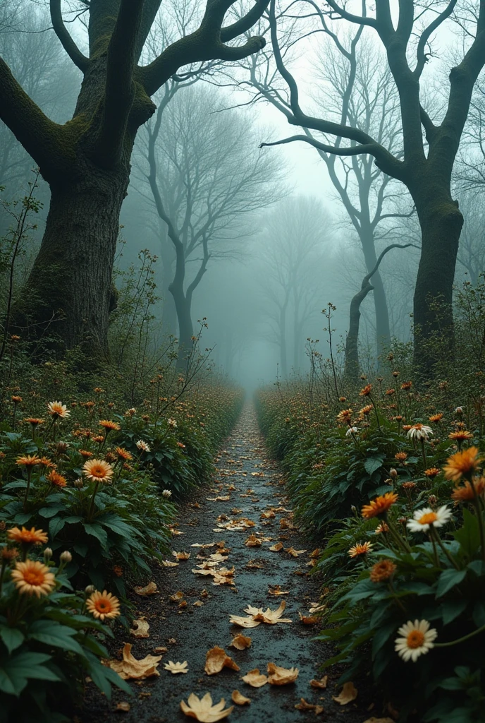 A garden or forest with flowers dead