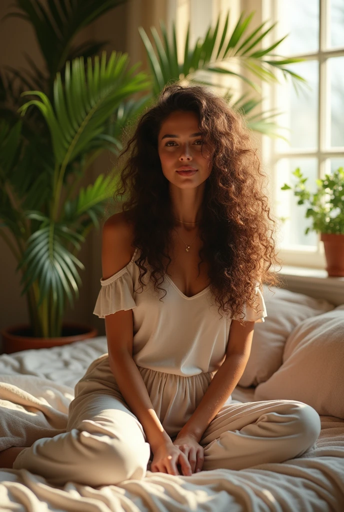 (photorealism:1.2), beautiful woman, sitting on bed, wearing loose off-shoulder top, pajama pants, long curly hair, indoors, soft lighting, plants in background, window with sunlight, cozy room, relaxed pose, realistic, intricate details, warm colors, by Greg Rutkowski, by Alphonse Mucha