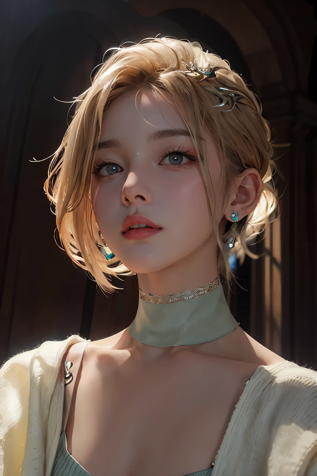 best qualtiy,tmasterpiece,Ultra-high resolution,(realisticlying:1.4),RAW photogr,beautiful photograph (N4T3 mm:0.99), A 16-year-old woman, Small and beautiful, standing on your feet,cabellos largos dorados, 耳Nipple Ring,choker necklace,Issuing,Coffee-colored cardigan sweater,Lilac slip dress long dress,Light green wedding dress,Solid color panties,Bare legged,long leges,Big wind,beachside,Beautiful nipples,Are thin,Flat ,Small breasts, (Masterpiece:1.2), (Photorealistic:1.2), (bokeh) (Best quality), (Detailed skin:1.2), (Intricate details),(32K), (hdr), (Cinematic lighting), (Sharp focus), (Looking at the camera:1.1), ((closeup portrait:1.2)), (Earrings),((Are thin)),Beautiful nipples,