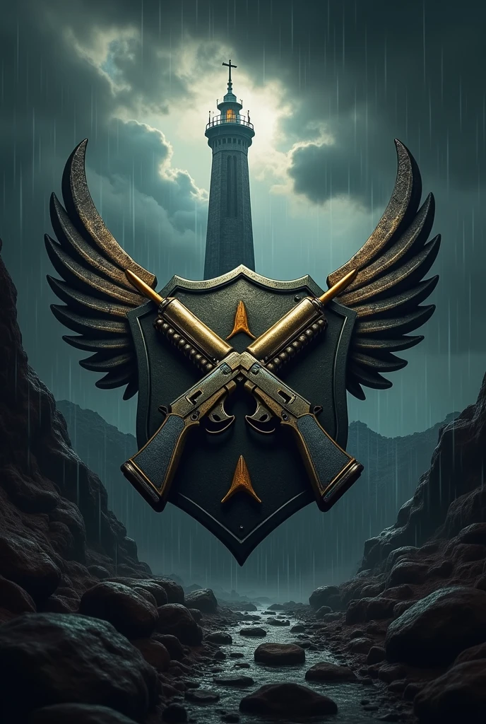 create logo with deep cave in cloud in apocalyptic, double pistol on shield  ,three bullet on air , shield with sign of gun , observation tower behind , masterpiece , 4k, High resolution , in one shot, photorealism:1.2 , half background, shot in circle with cloudy raining
