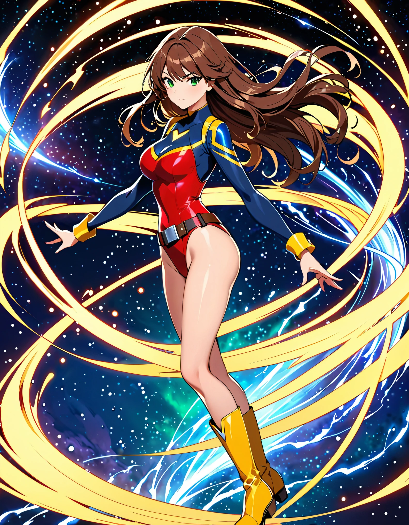 (masterpiece), (best quality), (high res), 1lady, tall body, finger proportions coordination, highly detailed, professional, beautiful detailed eyes, beautiful detailed face, perfect hands, complete fingers, perfect anatomy, perfect proportions, ((brown hair, medium hair, hair down)), ((green eyes)), ((leotard, (red leotard), matching leotard)), (bare legs), (boots, matching boots, knee-high boots, yellow boots), breasts, medium breasts, looking at viewer, solo, solo focus, cowboy shot, space backdrop, (((fastened tight belt))), (blue sleeves, yellow cuffs), ((yellow hawk/(symbol/)) on chest), full body costume design. standing straight, (fast spin, dynamic whirl pose, spins fast in place like a tornado, whirls fast in place like a tornado, tornado whirling, spiral lines around her, speed lines around her, spinning energy pulse around her, storm winds around her, whirls into a tornado, (she whirls) at (super speeds)). full body costume design. curved sword slash. she super-spins, whirlwind, light particles. ((back view, rear view, from behind)).