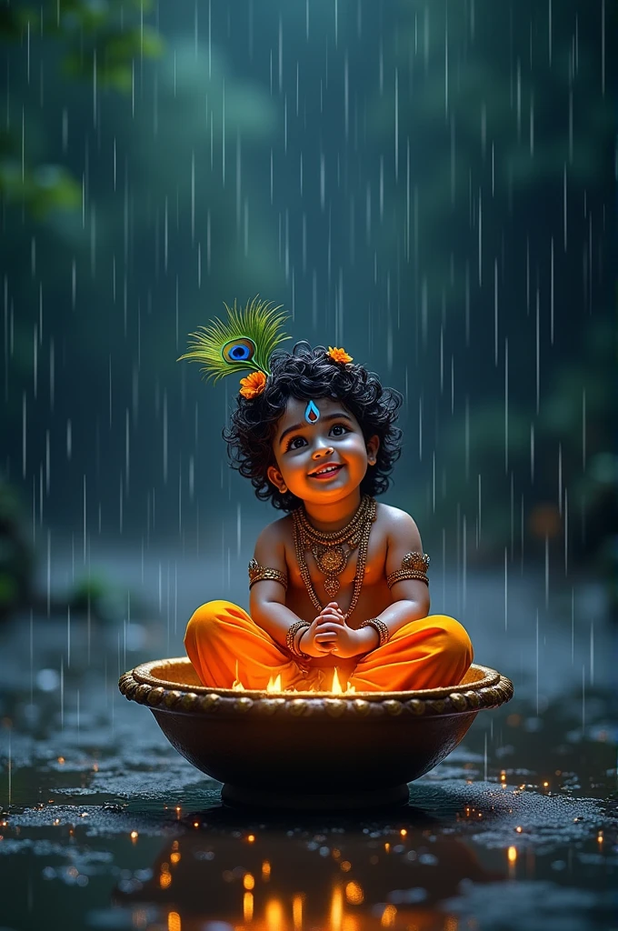 Little krishna smiling while sitting in a bowl, rain and black background 