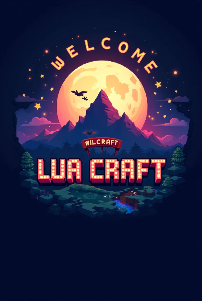 A logo for a Minecraft server named "Lua Craft" in Minecraft style with a beautiful square and large moon in the background along with a mountain with a Hollywood-style sign written " Lua Craft", in square letters and in the sky fireflies writing the word "WELCOME" and in square proportion