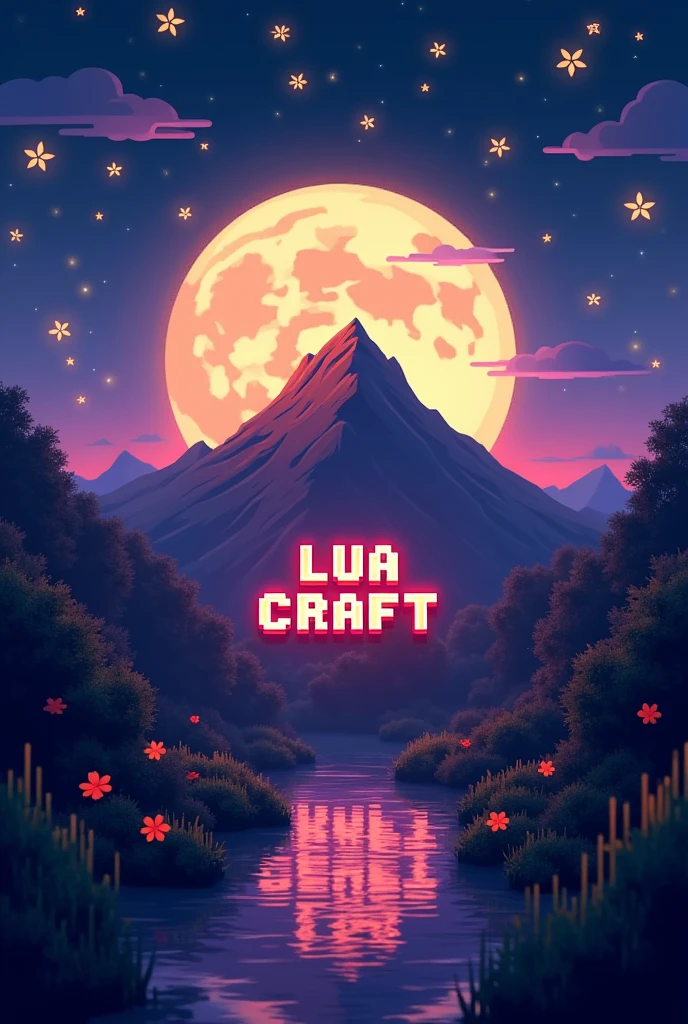 A logo for a Minecraft server named "Lua Craft" in Minecraft style with a beautiful square and large moon in the background along with a mountain with a Hollywood-style sign written " Lua Craft", in square letters and in the sky fireflies writing the word "WELCOME" and in square proportion