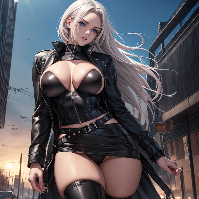 (Beautiful girl.Beautiful white skin.A very muscular, thin body.A well-defined, beautiful six-pack.Sharp eyes.White Hair.Boyish short hair with a center part.I can see your forehead.Beautiful blue eyes.Deep red, intense eye makeup.Dark lipstick.Narrow waist.Very large breasts.Very large breastsの谷間.Beautiful light pink areola.Skin is radiant).(Black leather jacket.Black leather bra with metal accents.Black leather panties.Black long boots with lots of belts.There are lots of piercings.stockings.Uniform cap).(1 Beautiful Girl.Midnight Ruins.I'm walking alone..Her hair is blowing in the wind..Smiling thinly.The eyes are narrowed)Perfect Face.Accurate human body.Accurate five fingers.High resolution.It's dynamic.Whole body image