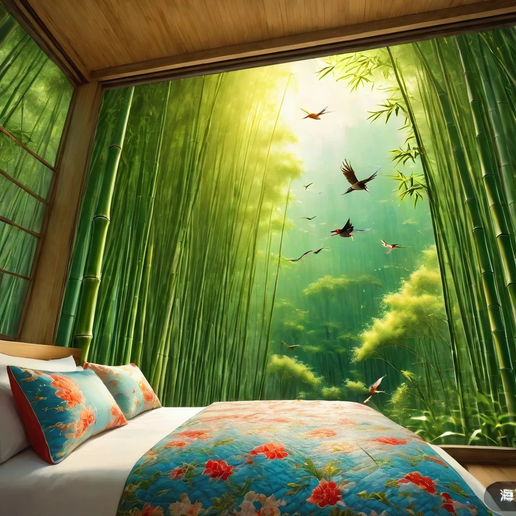 bamboo forest，unmanned，bird，，Wide-angle lens，window，ground，Quilt，Pillow，Night view，大玻璃window,uhd, masterpiece, high details, high quality, best quality, highres