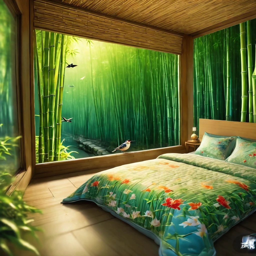 bamboo forest，unmanned，bird，，Wide-angle lens，window，ground，Quilt，Pillow，Night view，大玻璃window,uhd, masterpiece, high details, high quality, best quality, highres