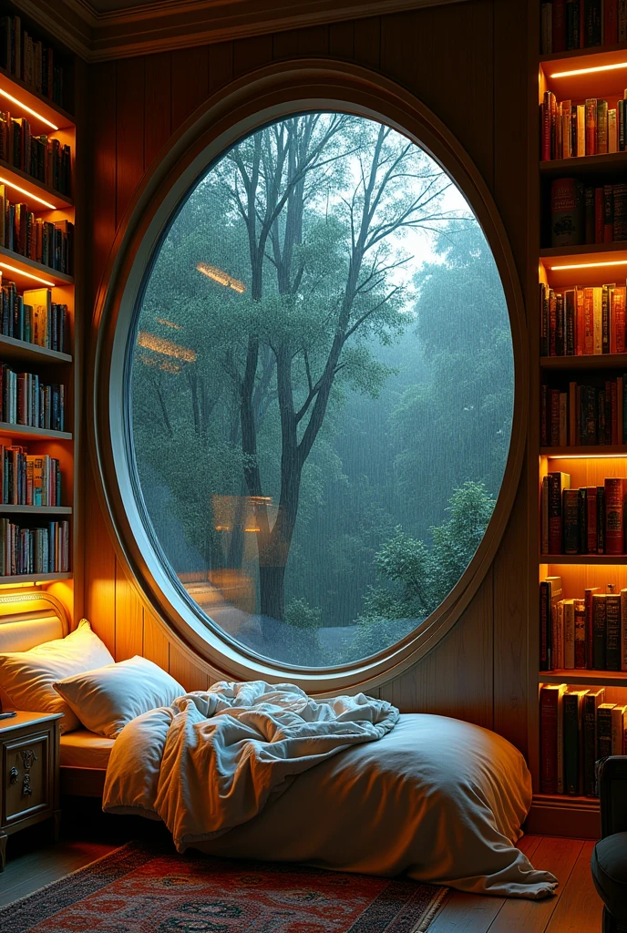 A small room with big complete circular window, window starts from bottom of the room, trees outside the window, night time, rain, a bed near window, book shelves around the bed, book shelves starts from above the bed, the room has low yellowish lights
