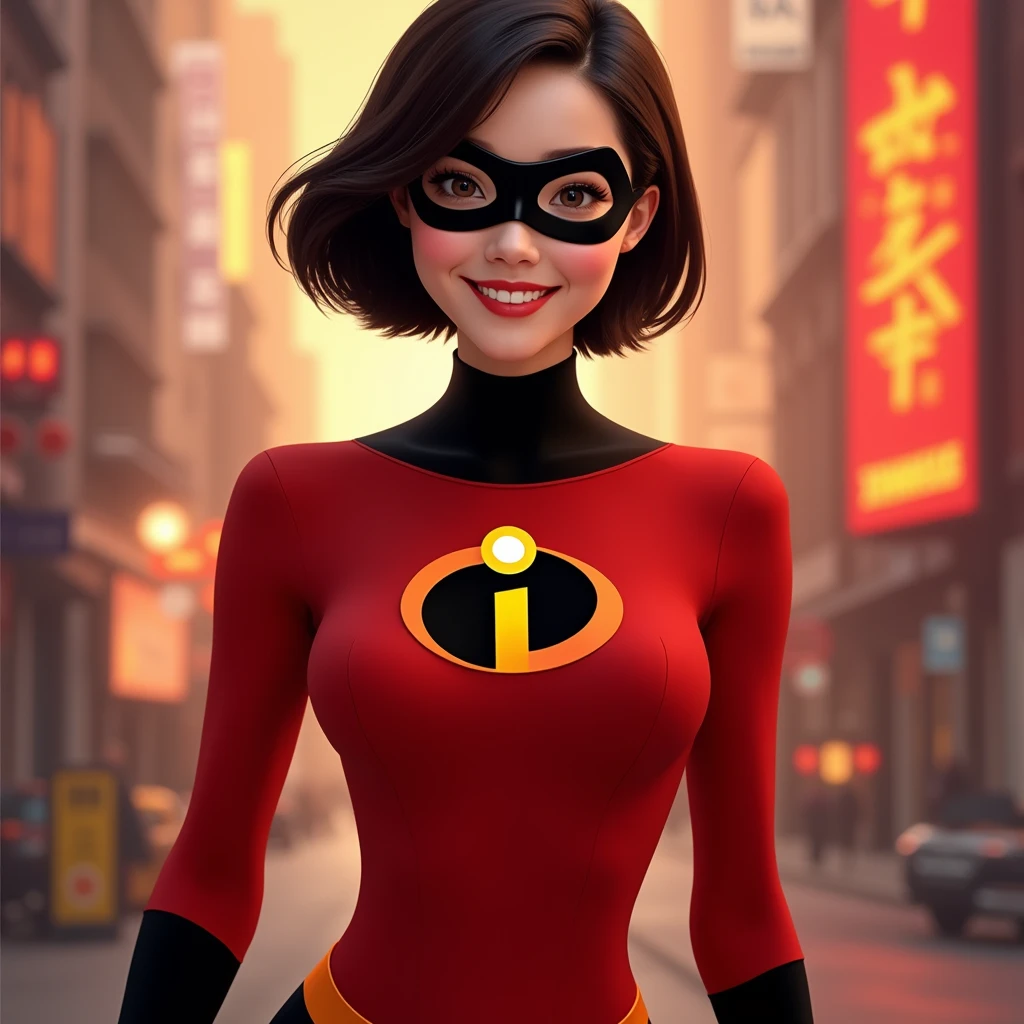An amazing photo of a Korean woman in her 40s who was inspired by the iconic film The Incredibles, which depicts the character "Mrs. Incredibles." She shows off her very slim and healthy physique by wearing a vibrant red and black suit and a black mask that covers only the eyes. She has short hair and a charming appearance. The background reveals a scene from the movie and shows that she looks like the original character, Mrs. Incredibles. The scene captures a woman standing beautifully with a beautiful smile and attractive expression while perfectly embodying the essence of Mrs. Incredibles.