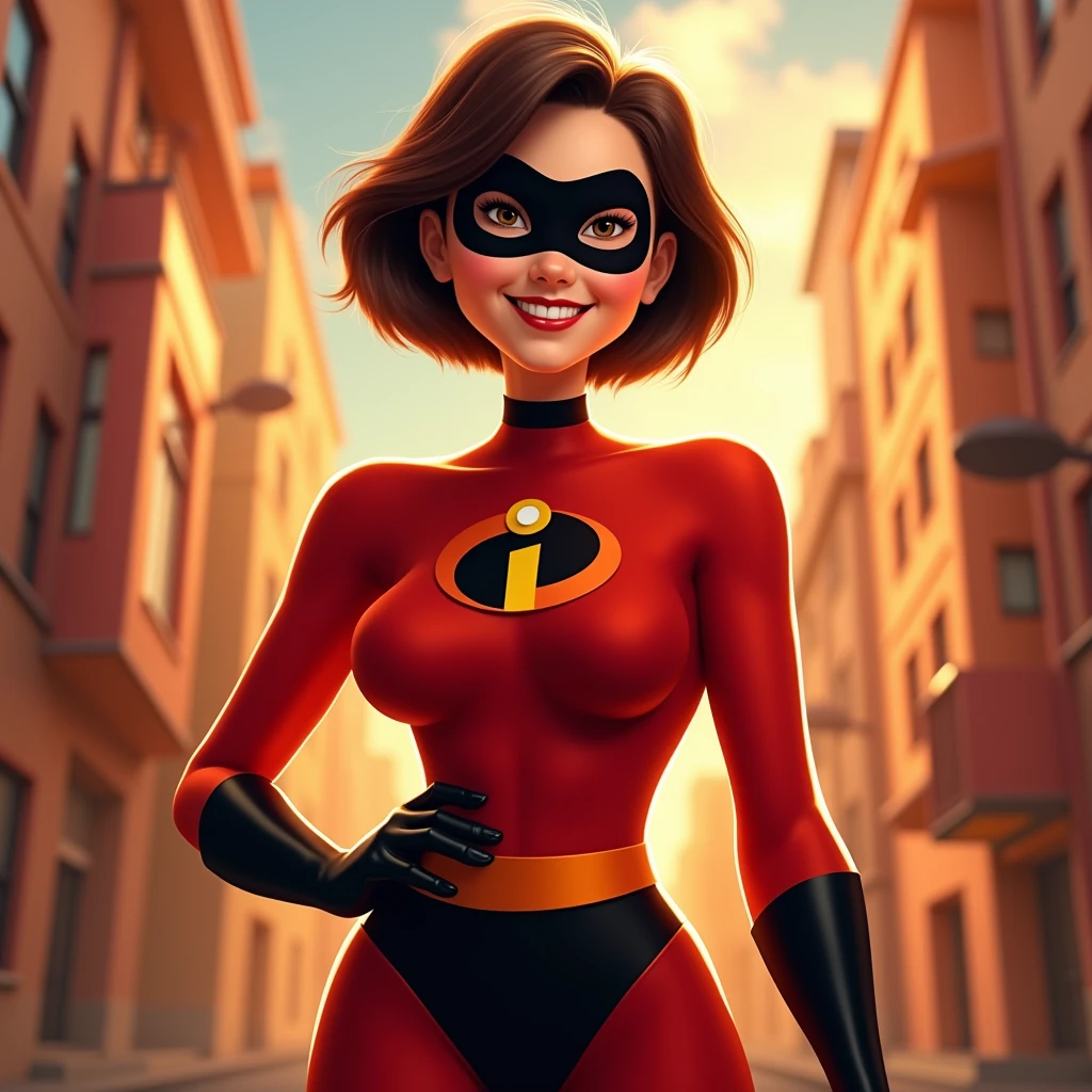 An amazing photo of a Korean woman in her 40s who was inspired by the iconic film The Incredibles, which depicts the character "Mrs. Incredibles." She shows off her very slim and healthy physique by wearing a vibrant red and black suit and a black mask that covers only the eyes. She has short hair and a charming appearance. The background reveals a scene from the movie and shows that she looks like the original character, Mrs. Incredibles. The scene captures a woman standing beautifully with a beautiful smile and attractive expression while perfectly embodying the essence of Mrs. Incredibles.