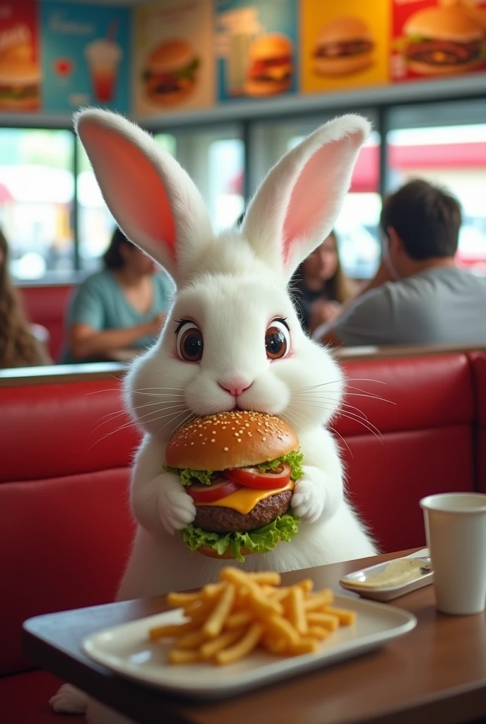Rabbit eating a burger at Burger King