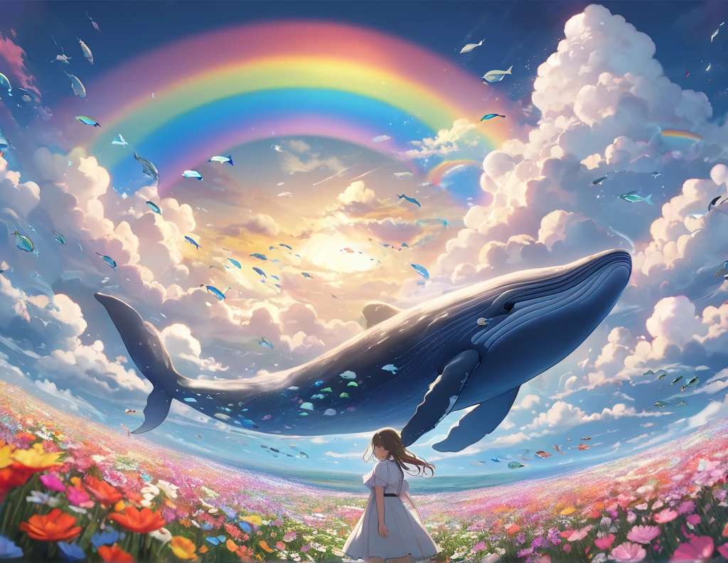 (masterpiece, Highest quality:1.2), One girl, alone, flower field, big clouds, shapes in clouds, cloudy fishs, rainbow, fish shape in clouds, 8k resolution, whale of clouds, dusty