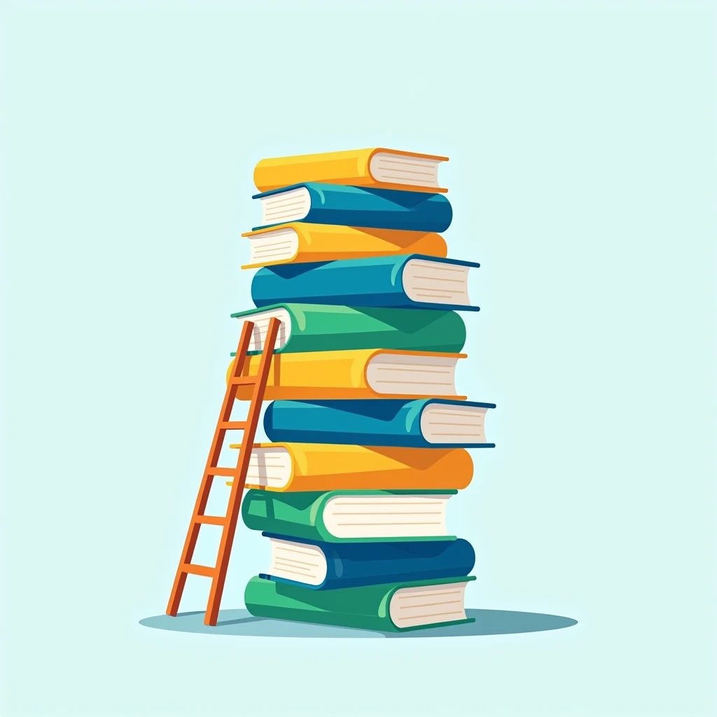 "A front view of a towering stack of books, each one a different shade of blue, green, and yellow, with a ladder reaching towards the topmost book. The design is flat, with simple lines and no intricate details. The background is left intentionally blank with generous copy space, suitable for adding a slogan or message for Education Day. The image conveys a sense of learning and growth."