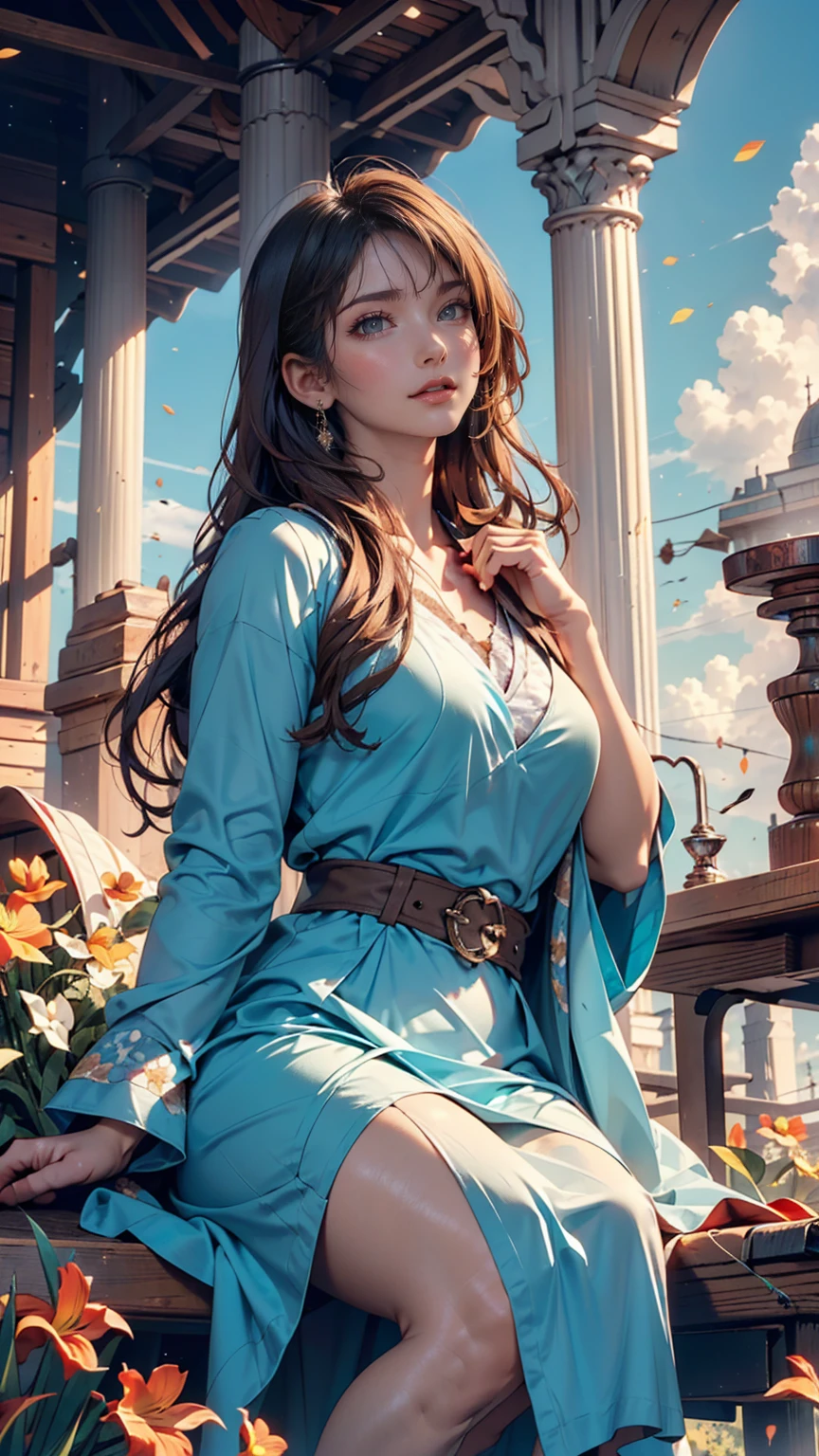 (Highest quality, masterpiece), Turquoise Screen Filter, (One person, alone, Brown robes, expression, look up, Sitting, Wide sleeves, Iris, Mouth closed, Long Hair, Cowboy Shot), (sunny, Cosmos field, cloud),