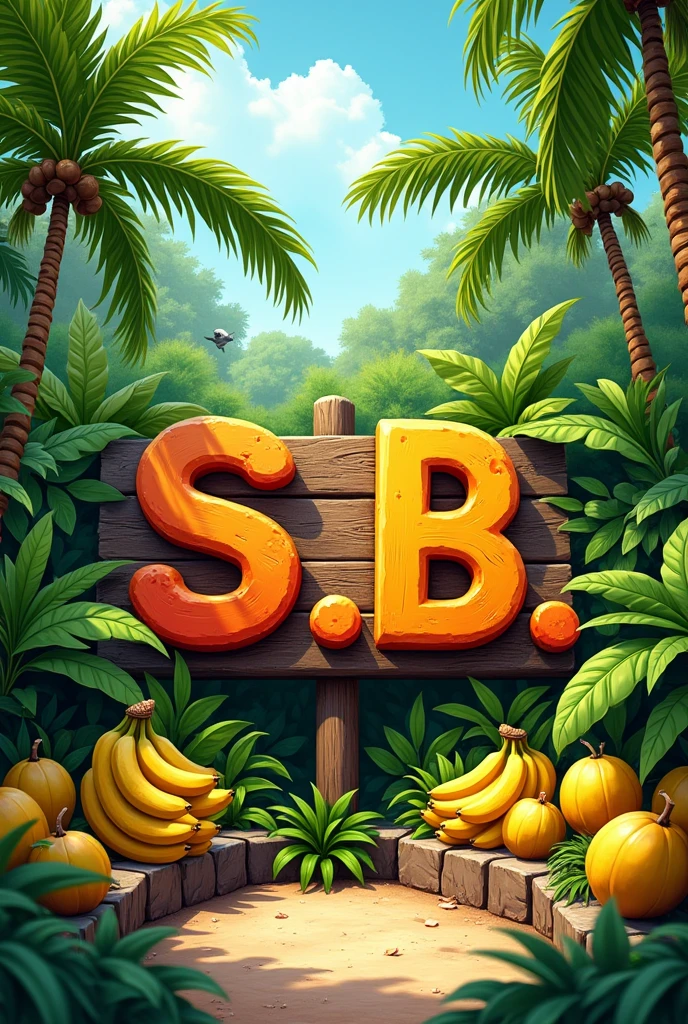 Write S.B on the big sinebord in the bush with some coconut and bananas on the side