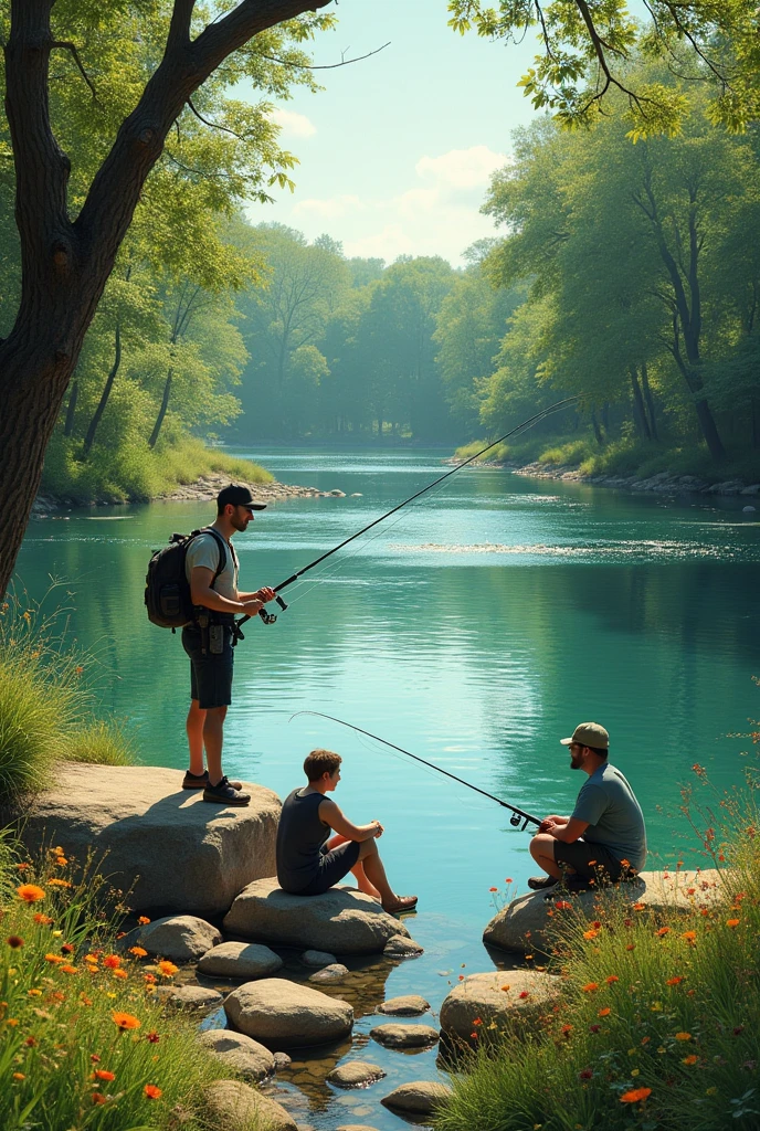 NiceClear water river three people fishing