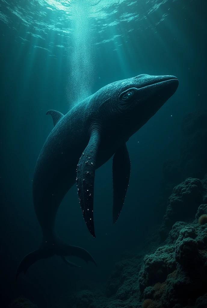 can u create an image of a creature. Description it looks like a wale with a sharp 8 tentacle near the tale which sucks blood , its black colour