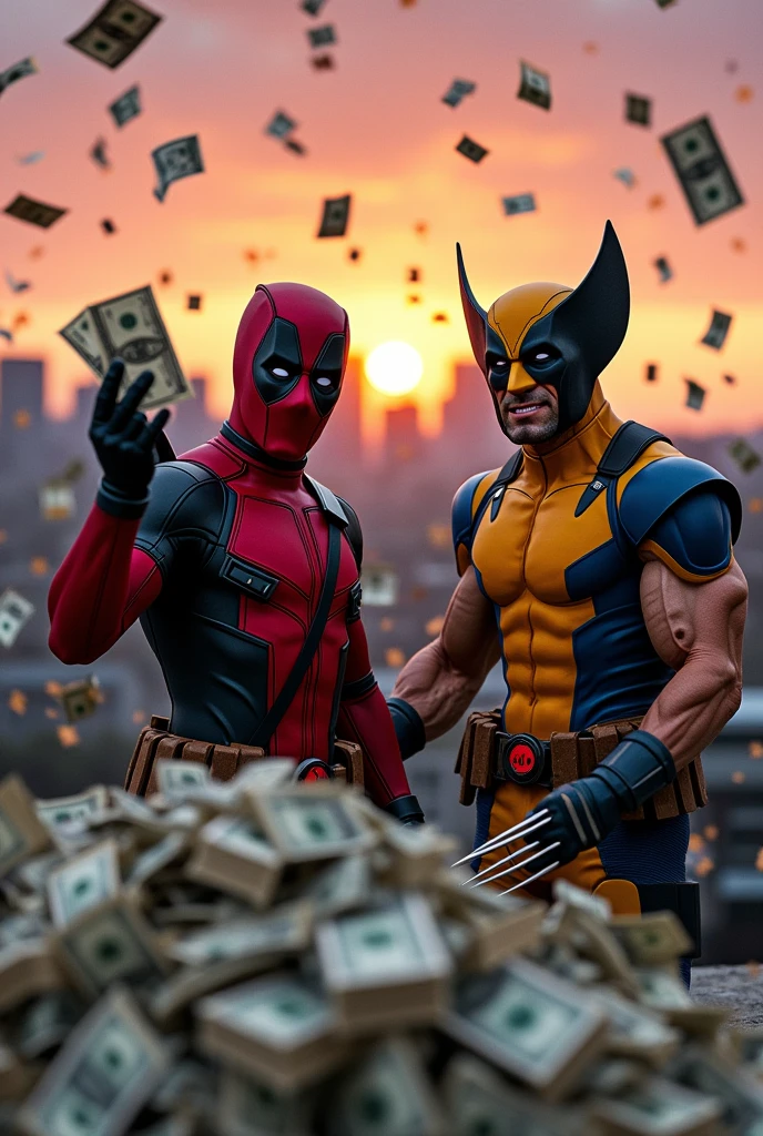 Deadpool and Wolverine 
with money 