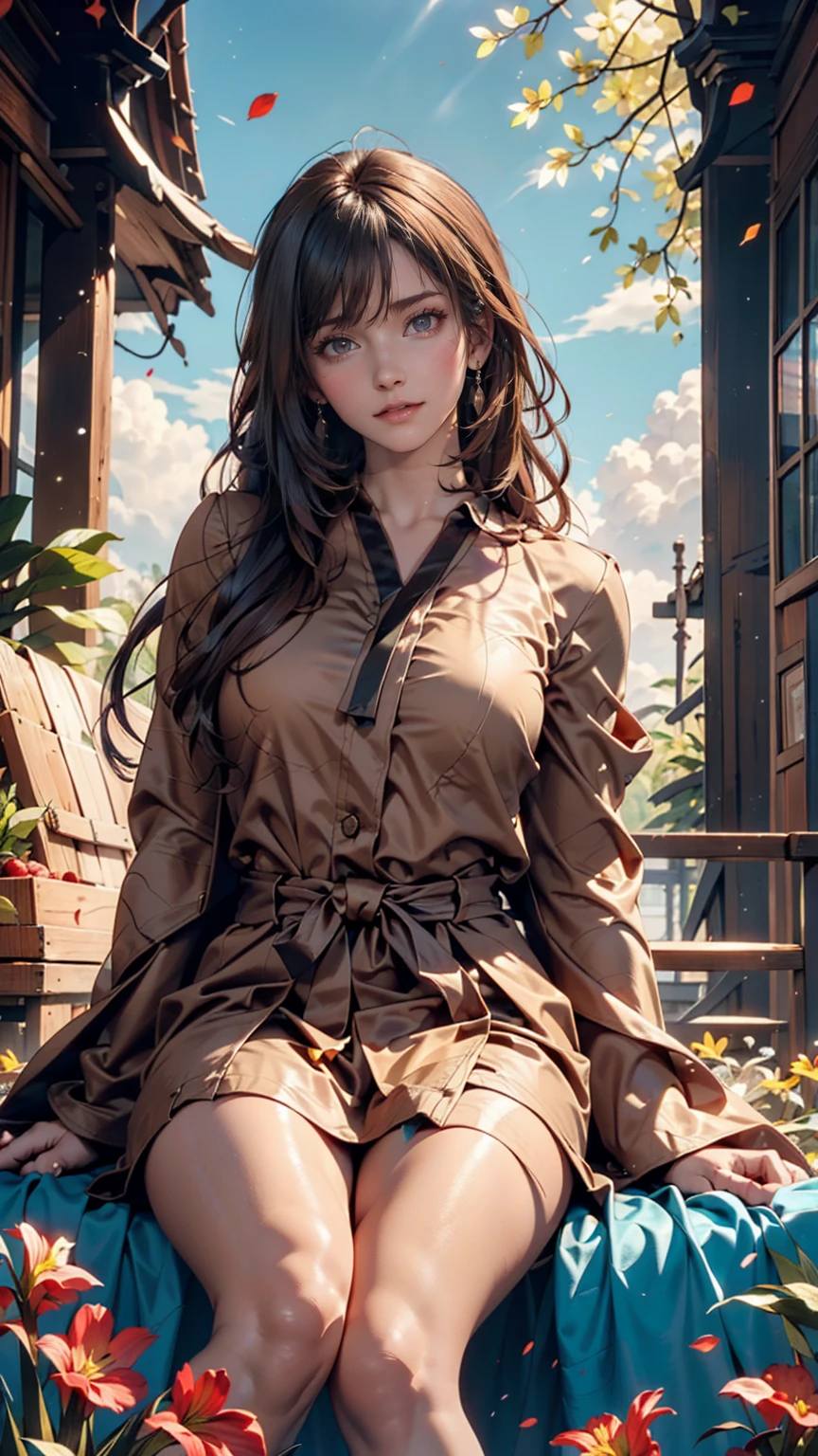 (Highest quality, masterpiece), Turquoise Screen Filter, (One person, alone, Brown robes, expression, look up, Sitting, Wide sleeves, Iris, Mouth closed, Long Hair, Cowboy Shot), (sunny, Cosmos field, cloud),