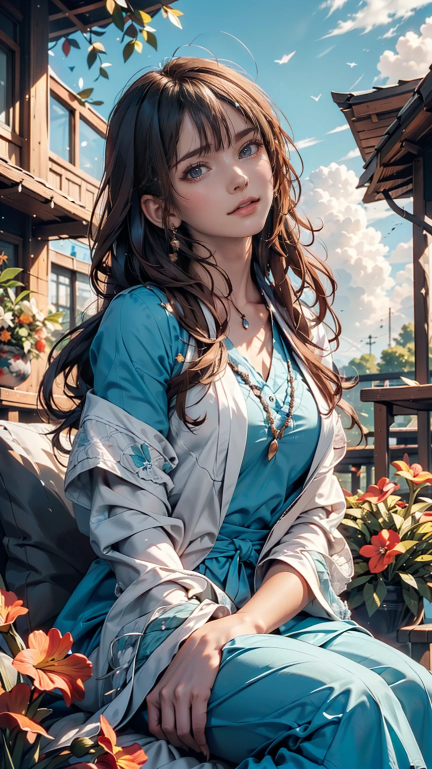 (Highest quality, masterpiece), Turquoise Screen Filter, (One person, alone, Brown robes, expression, look up, Sitting, Wide sleeves, Iris, Mouth closed, Long Hair, Cowboy Shot), (sunny, Cosmos field, cloud),