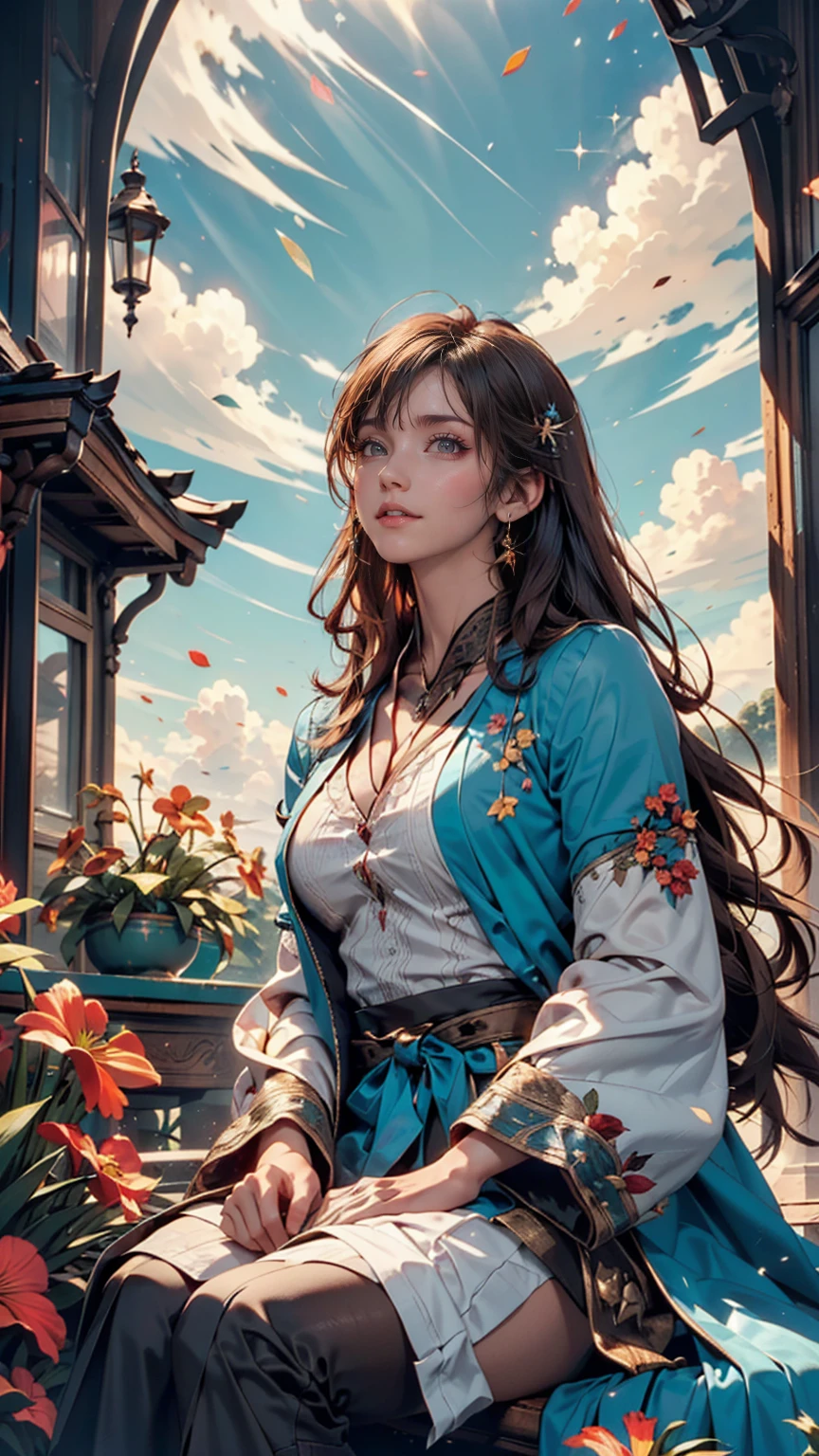 (Highest quality, masterpiece), Turquoise Screen Filter, (One person, alone, Brown robes, expression, look up, Sitting, Wide sleeves, Iris, Mouth closed, Long Hair, Cowboy Shot), (sunny, Cosmos field, cloud),