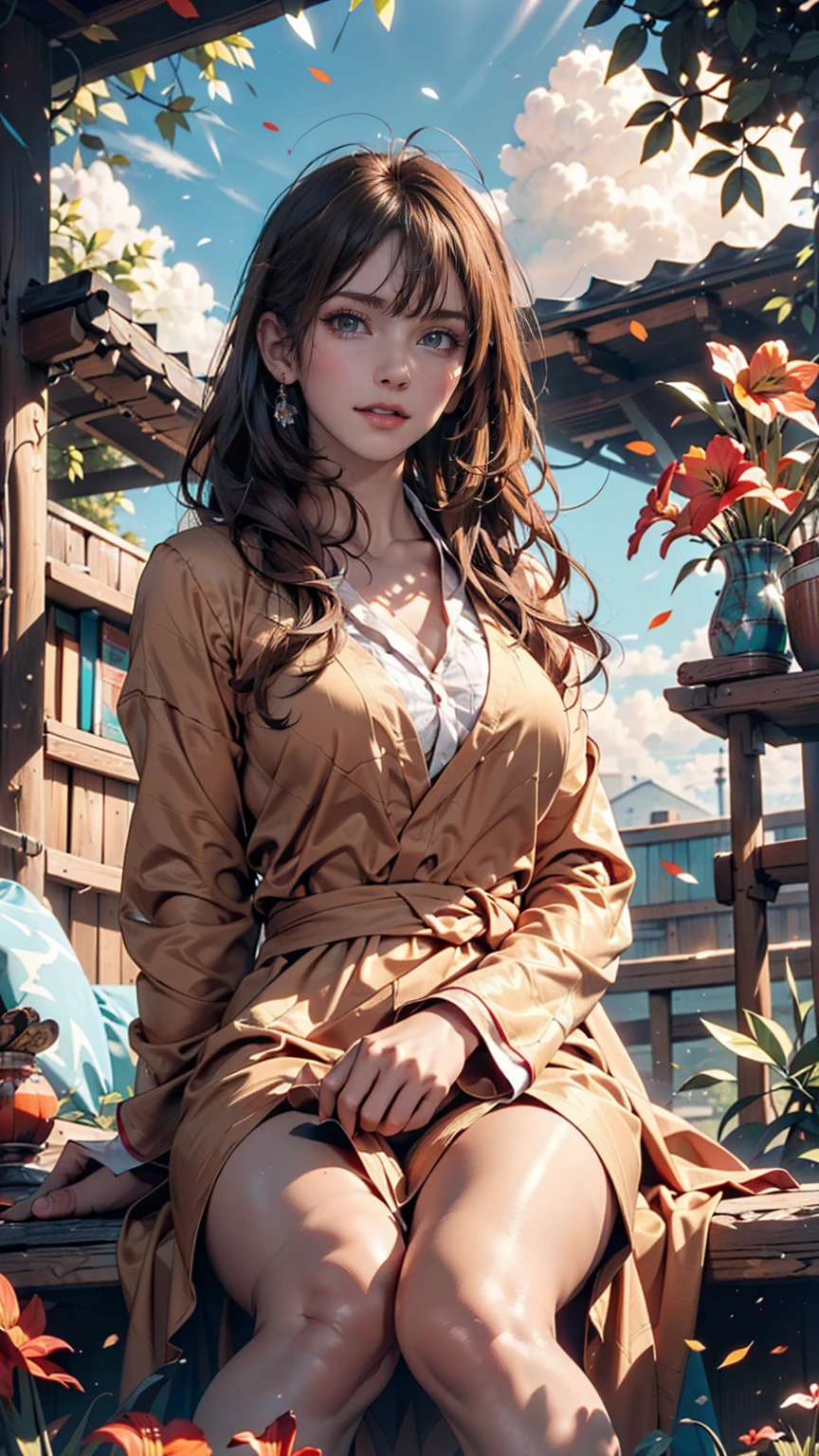 (Highest quality, masterpiece), Turquoise Screen Filter, (One person, alone, Brown robes, expression, look up, Sitting, Wide sleeves, Iris, Mouth closed, Long Hair, Cowboy Shot), (sunny, Cosmos field, cloud),