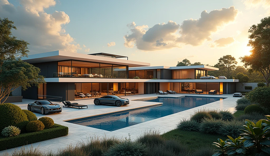 futuristic rich billionaire modern house, futuristic rich billionaire modern cars, futuristic rich billionaire modern big garden, realistic view, realistic sky, sun reflection, uncommon and unique,