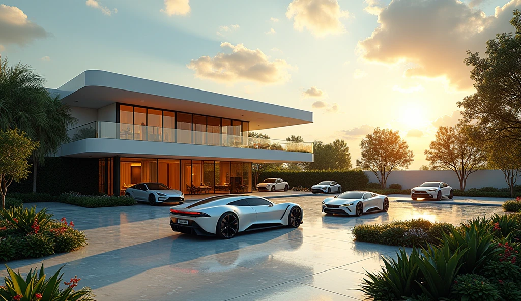 futuristic rich billionaire modern house, futuristic rich billionaire modern cars, futuristic rich billionaire modern big garden, realistic view, realistic sky, sun reflection, uncommon and unique,
