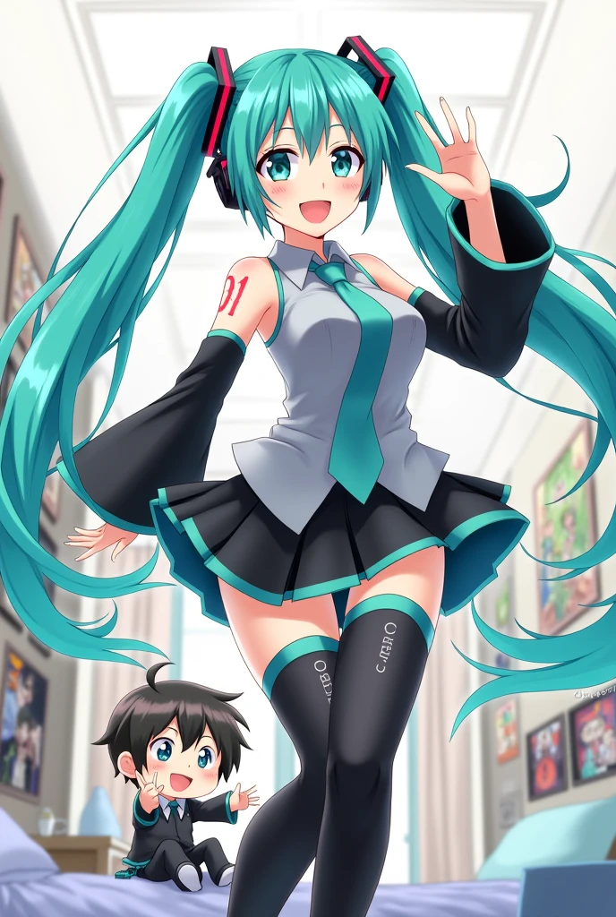 Anime art, anime style, detailed drawing, white background, high definition, high quality, one girl, solo, Hatsune Miku, aqua hair, twin tails, head ornament, headphones, number tattoo "01" (red, located on her left hand), grey sleeveless collared shirt, black detached sleeves with aqua lines, five fingers with aqua nails, aqua necktie, black pleated mini skirt with aqua lines, zettai ryouiki, thigh-high black boots with aqua lines.
An anime bpy looking at Miku Hatsune wallpaper in his room