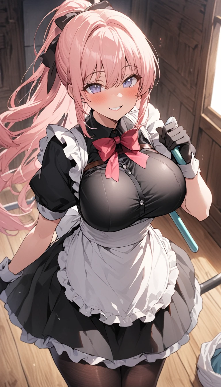 One Woman、beautiful girl、maid、20-year-old、ponytail、Western-style building、maidの、Calm look、Drooping eyes、柔らかなsmile、A motherly expression、Baby Face、頭にmaidカチューシャ、Short skirt、Black Pantyhose、Ultra-high definition image quality、Highest quality, smile,Big Breasts、Very large breasts、Wipe the floor with a rag、Floor cleaning、Squint your eyes and smile、Breast augmentation