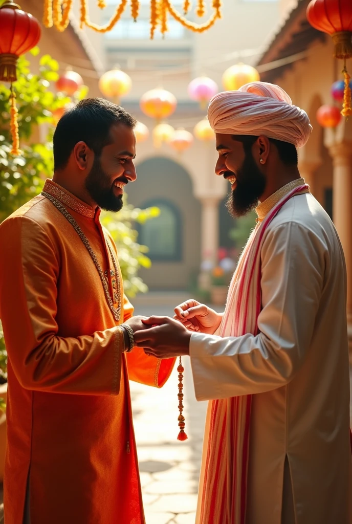 Two Indian guys wearing each other rakhi one Muslim and other hindu