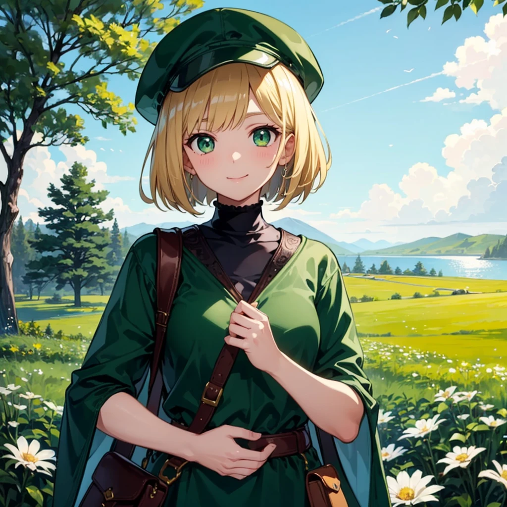 ((masterpiece)), ((Highest quality)), ((1girl)), ((solo focus)), upper body, from front, ((Golden blonde bob cut)), ((Bangs)), ((A cute woman with large, deep green eyes)), (Beautifully detailed eyes), ((Green hunting hat)), ((A loose green poncho)), (Beautifully detailed clothes), (Brown backpack), (Wearing black spats), bright personality, ((light smile)), ((Super detailed)), ((Night Sky)), lake, grassland, Flowers, Western, Otherworldly fantasy, (アニメ:1.1)