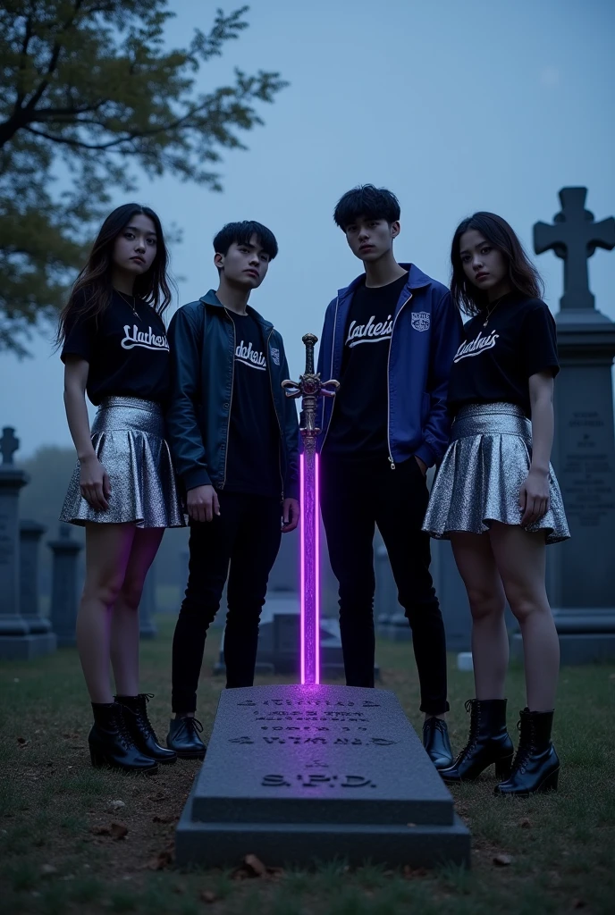 4 men,Age 18,2 long-sleeved black shirt that says Lachesis,jacket color 1 blue 1 purple,2 long black pants,2 black shoes,2 short hair ,2 girls,2 age 16,2 short-sleeved black shirt that says Lachesis ,2 silver short skirt that says S.p.d,1,long hair,1 shaggy hair,2 black high heels,next to a grave,has a purple wrench sword stuck in it