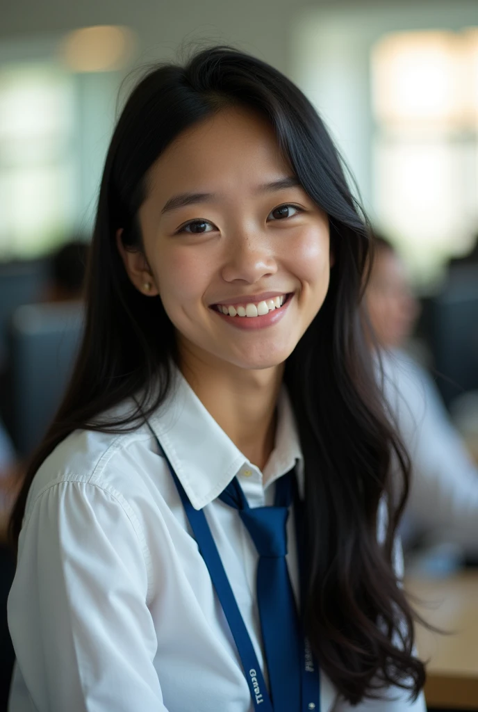 (Masterpiece),(complication:1.3),(Realistic), a portrait of an 18-year-old girl, a beautiful face of Thai-American descent,
Beautifully detailed, long black hair, blue eyes, white skin, smiling happily, (Wearing a long-sleeved white shirt with a blue tie) ,wearing a student ID lanyard, Blue, Looking at people, (Passed through her computer), In a computer room, warm light, weak sunlight, Professional photographer for detailed portrait photography of a young woman, Have clarity, dramatic, Awarded first prize, Cinematic lighting, (film grain,A blurry background, Blurred background, bokeh, depth of fied)