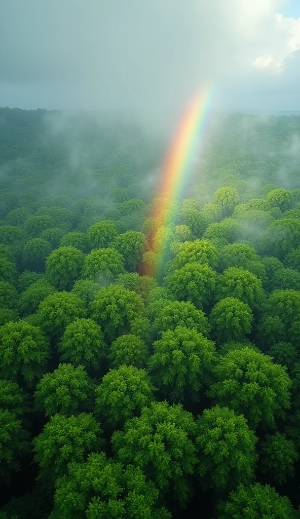 A high-angle view of a forest after a rainstorm, looking down at the treetops from an elevated position. The forest is a rich green, with the leaves glistening from the recent rain. A rainbow arcs over the forest, its colors bright against the misty sky. The high-angle perspective captures the expanse of the forest below, with the rainbow adding a touch of color and magic to the serene, rain-washed landscape.
