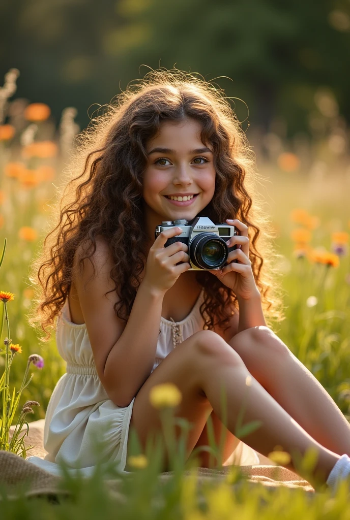 A brunette girl with curly hair and big breasts sits with her legs stretched out, taking a realistic photo