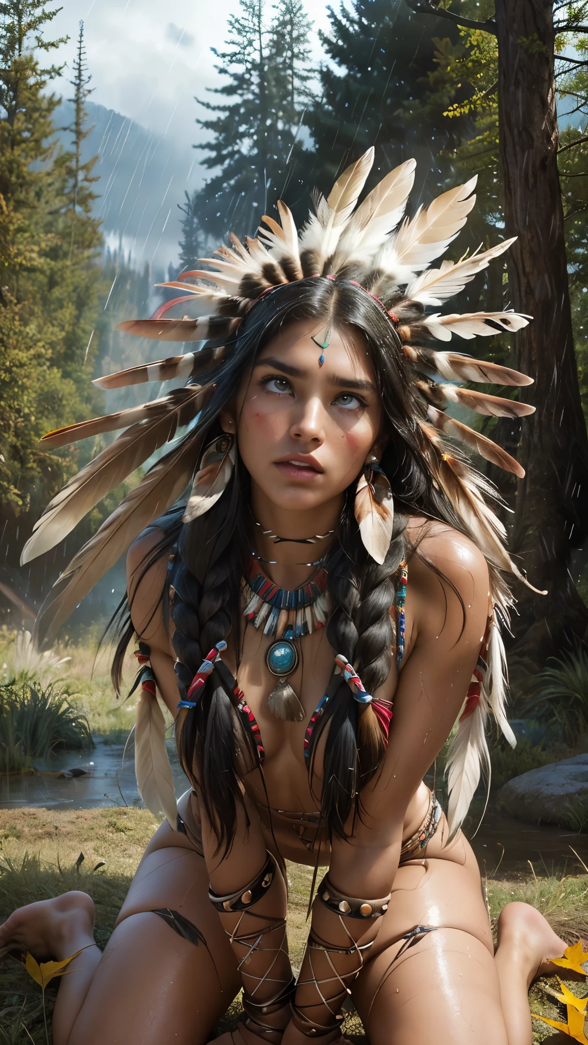 score_9, score_8_above, score_7_above, score_6_above, classification_explicit, 1 girl, ((18 years:1.2)),(The best quality,A high resolution,Ultra - detailed,actual),Native American Ariana Grande,(wild Indian native American:1.4), adult, full lips, big light eyes, light blue eyes, ((by rubio:1)), (cabello ondulado long trenzado nativo indio: 1.2), (female native american:1.4) ,(native indian feathers :1.4), (Face details: 1.5, bright blue eyes, beautiful face, pretty eyes, iris coating, thin lips: 1.5, delgado, pale and sharp eyebrows, long, dark eyelashes, double eyelashes),(perfect hands detailed : 1.4 ) , (forest background big leaves :1.4), (native american V2.1), (native american:1.4), (fondo desierto casa native american:1.4), (dynamic cowboy pose),(( beautiful american indian warrior:1.4), (beautiful american indian warrior: V2.1)) , (bright colors), (big stones background:1.4 ), (meadow background :1.4), (falling rain cloudy:1.4), (great grassland autumn :1.4), (vestidor native american:1.4), (showing panties:1.4), (realistic v2.1), (perfect anatomy) (bare breasts) (medium breasts) (leaning forward) (pose sexy) (Absurdly detailed) (wet and humid) (SOAKED) (glowing and tanned skin) (sitting) (legs open and apart) (open legs) (Bended knees) (head on)