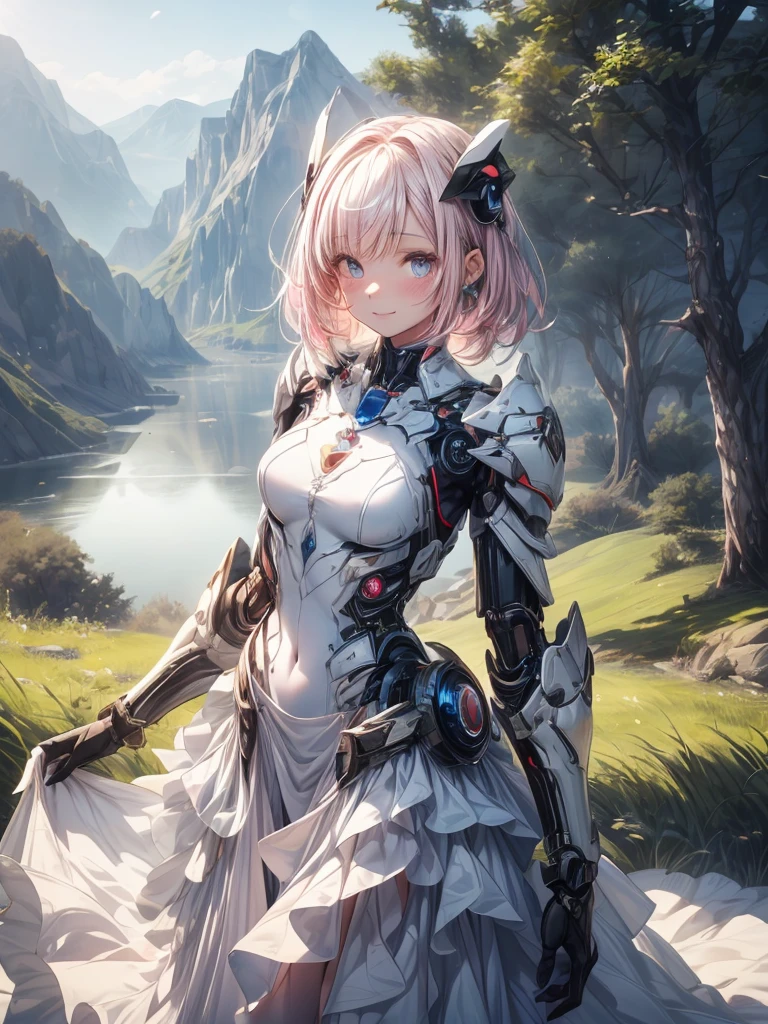 (1 person: 1.0),
(Age 25:1.0), (Medium chest: 1.2), (Pink medium hair:1.0),
(Beautiful Face:1.1), (Clear blue little eyes: 1.0), (Cybernetic Gynoid: 1.0), (Very detailed mech suit:1.0),
(White Gothic Breastplate:1.0), (Doll joints: 1.0), (The skirt of her white, luxurious, and understated magical dress:1.1),
(Decorative embroidery:1.0), (White luxury dress:1.1), (背中には天使の羽There is:1.3), (Flight:1.1), (A kind smile:1.0),
An image of a female android Flight low over an undulating grassy field. Mountains behind her々々There is, A blue sky and lake. Glowing in the midday sun shining from above.
Highest quality, masterpiece, (Watercolor style:1.2)