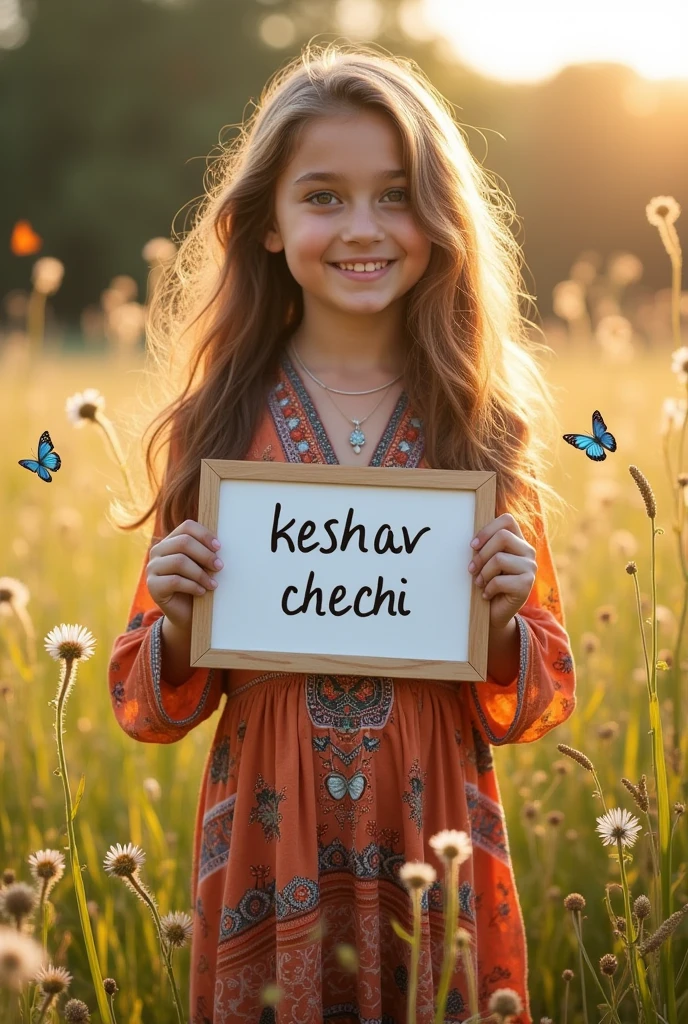 Beautiful girl with wavy long hair, bohemian dress, holding a white board with text "keshav chechi " and showing it to the viewer