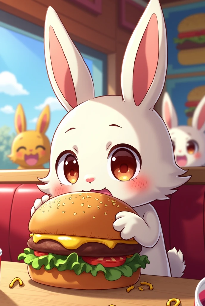 Anime rabbit eating a burger at a Burger King