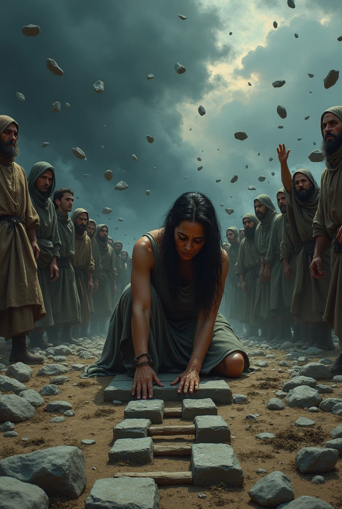 Crying woman, creating ladder made of stones while people throwing her stones