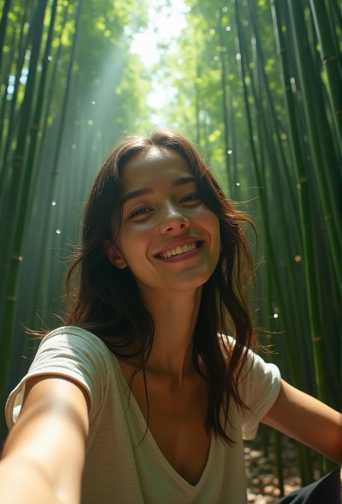 (Surrealism, Masterpiece), Vivid, Dynamic Angle, Rainy Day, Vivid Transparent Raindrops, Lush Bamboo Forest Without Path, (Attractive Young Model, Pale White Skin, Beautiful Face with Fine Details, 17 Year Old Caucasian Girl), Sitting Pose, Selfie from Below, Close Up, Life Shot, Joy, Clouds in the Sky, Vivid Quality, Clear Quality, Heavenly Light in the Air,