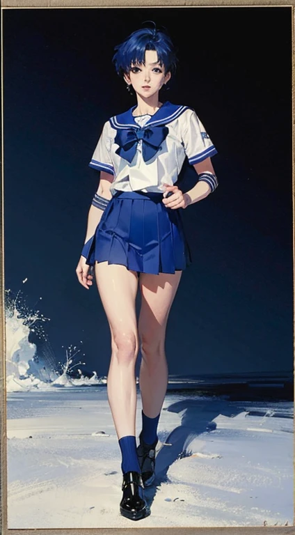 (masterpiece), (highest quality), Realistic, Cinematic Light, Mizuno Ami, Sailor Mercury, stand, Battlefield Background, Perfect body, Blue Hair, uniform  