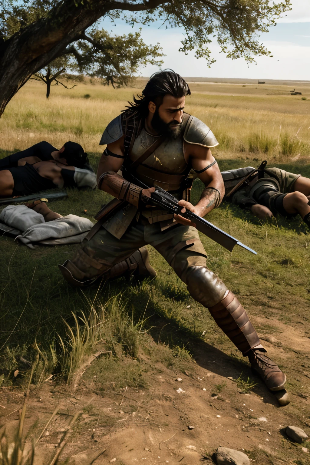 A warrior man alone in the battlefield and dead bodies around